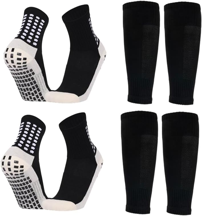 2 Set Kids Grip Soccer Socks with Shin Guard Sleev... - Image 2